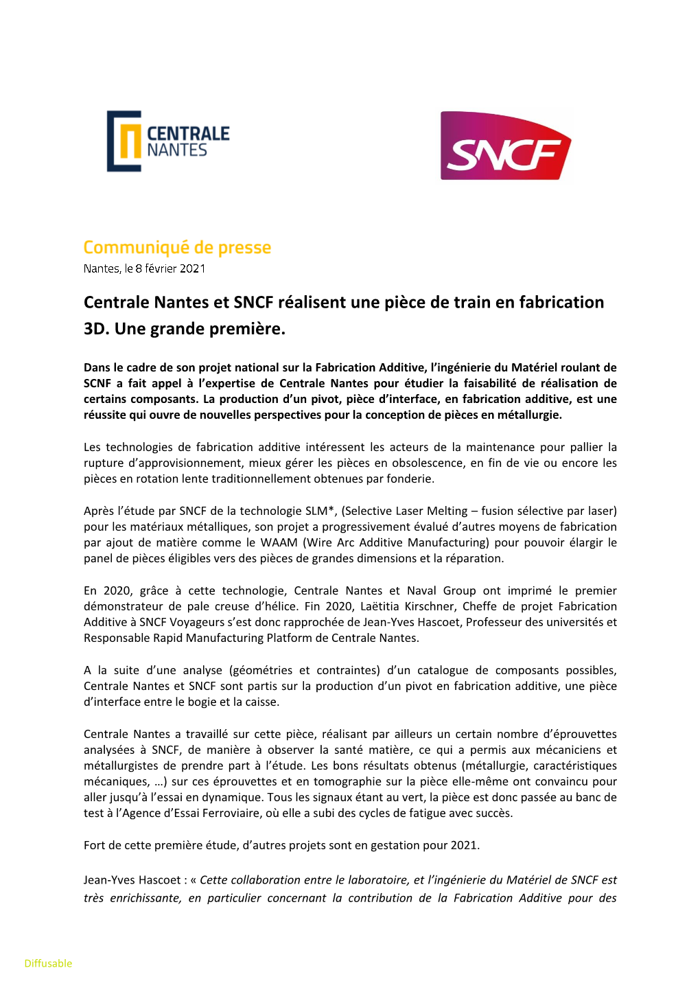Centrale Nantes Et SNCF Réalisent Une Pièce De Train En Fabrication 3D