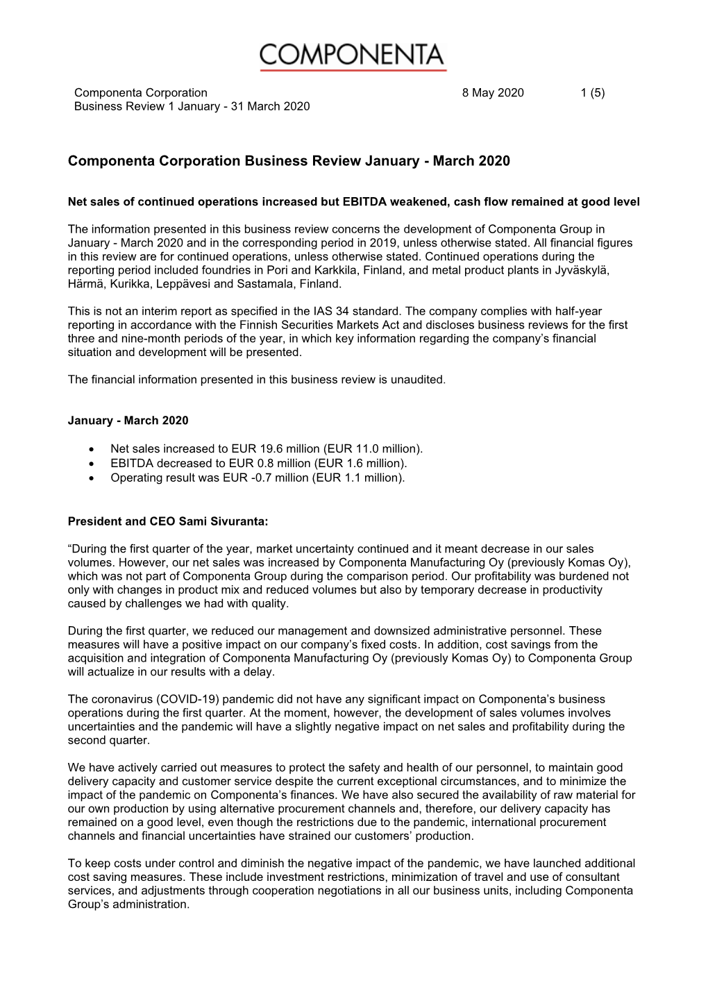 Componenta Corporation Business Review January - March 2020