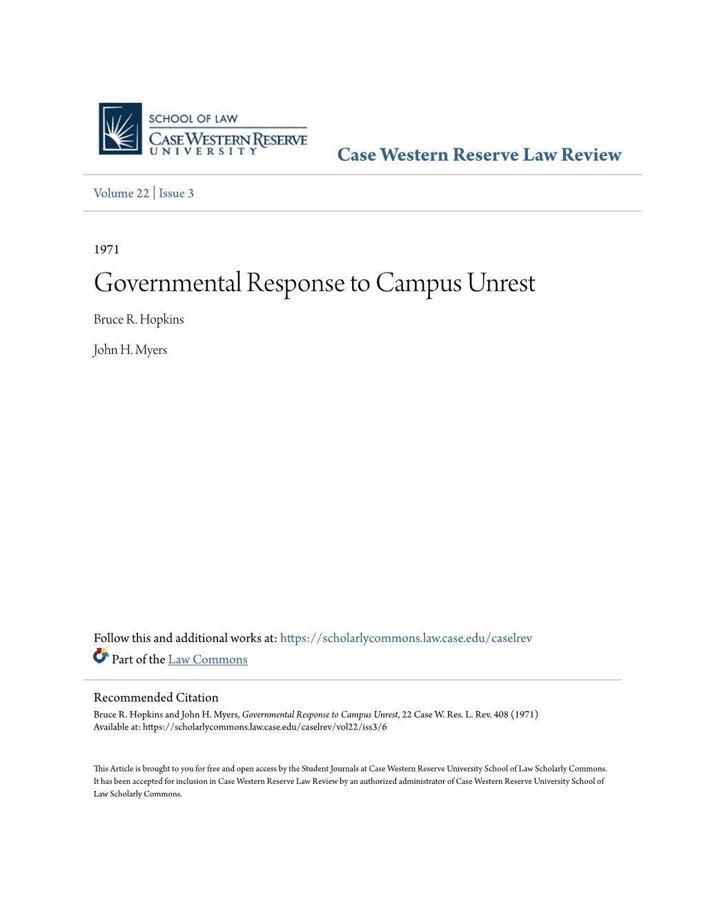 Governmental Response to Campus Unrest Bruce R