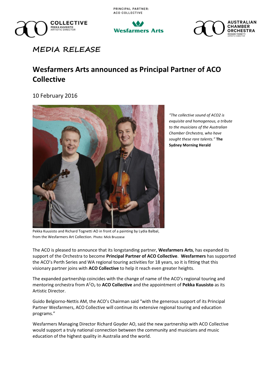 Wesfarmers Arts Announced As Principal Partner of ACO Collective