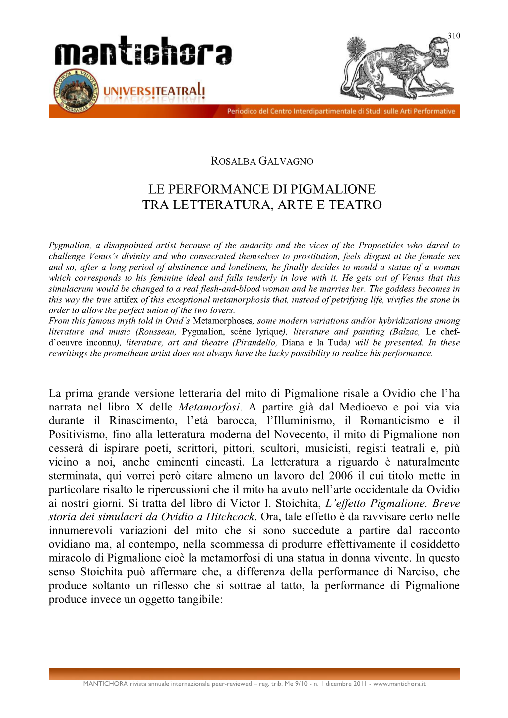 Le Performance Di Pigmalione Tra Letteratura, Arte E Teatro