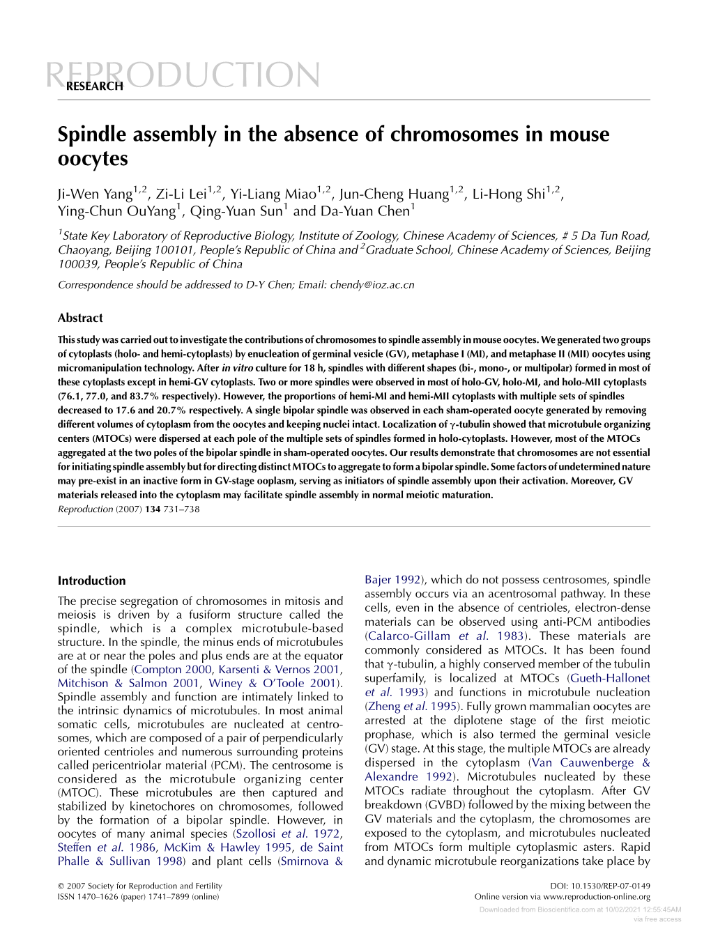 Spindle Assembly in the Absence of Chromosomes in Mouse Oocytes