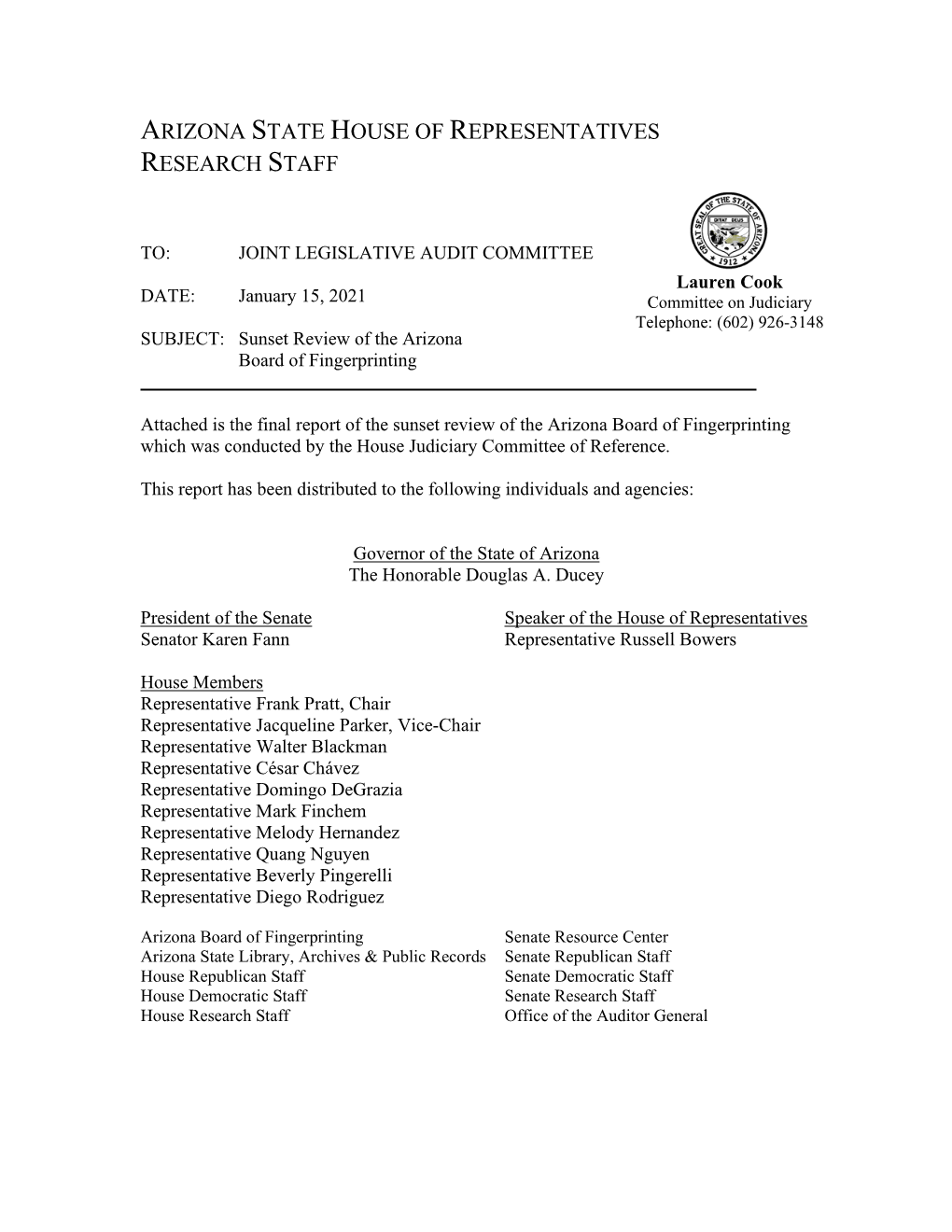 COR Sunset Review Arizona Board of Fingerprinting FINAL REPORT