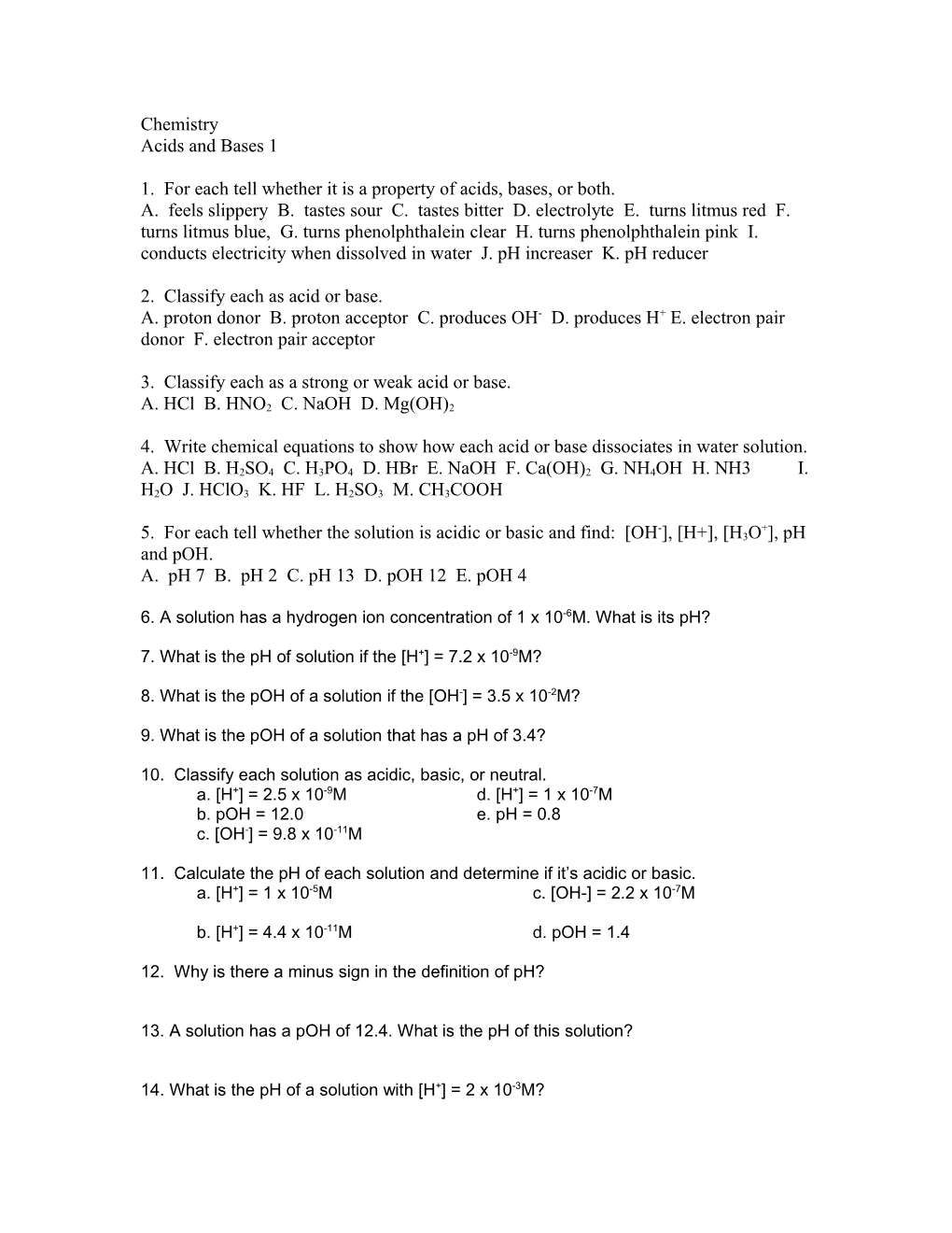 1. for Each Tell Whether It Is a Property of Acids, Bases, Or Both