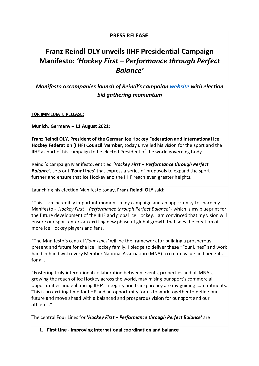 Franz Reindl OLY Unveils IIHF Presidential Campaign Manifesto: 'Hockey First – Performance Through Perfect Balance'