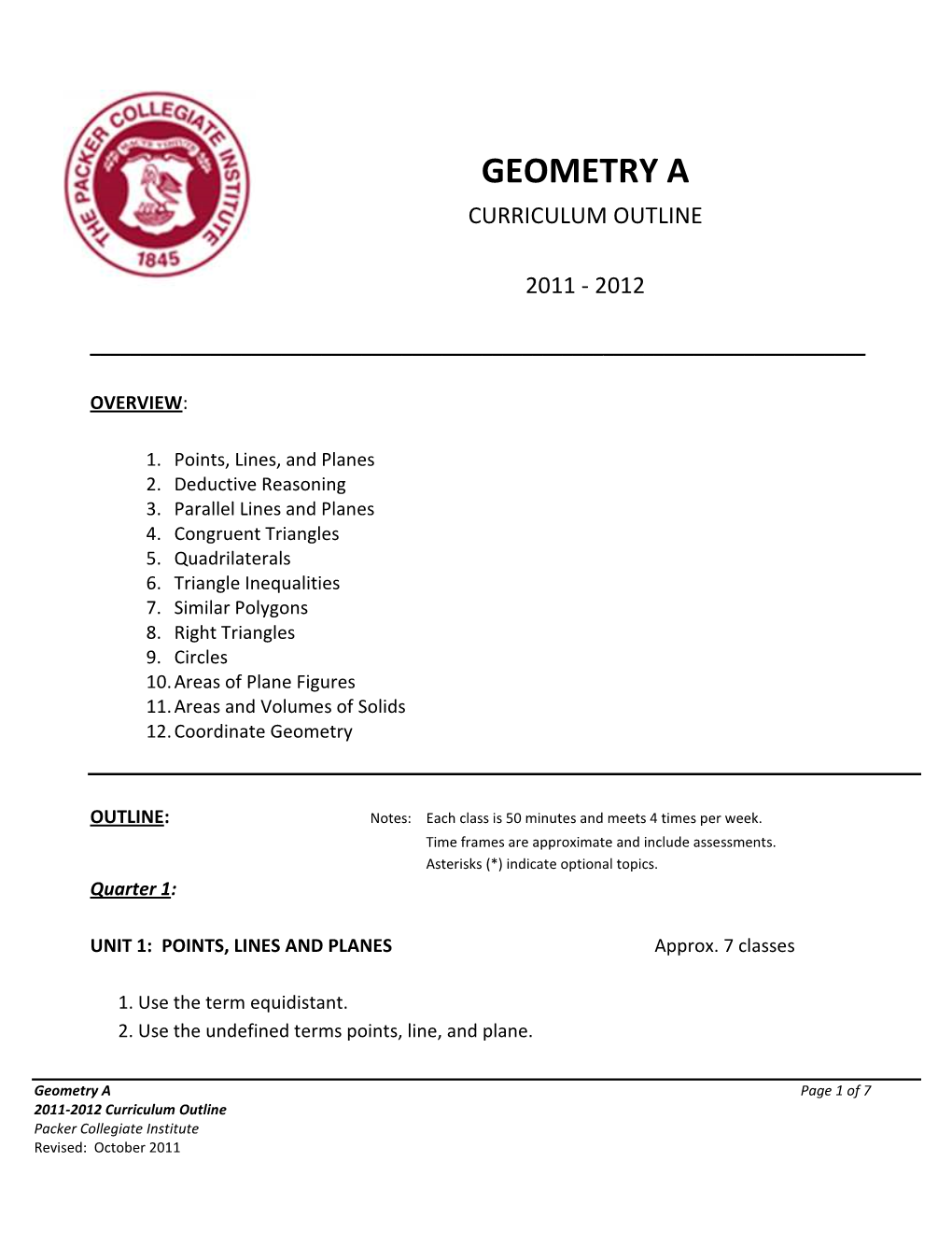 Geometry a Curriculum Outline 2011-2012