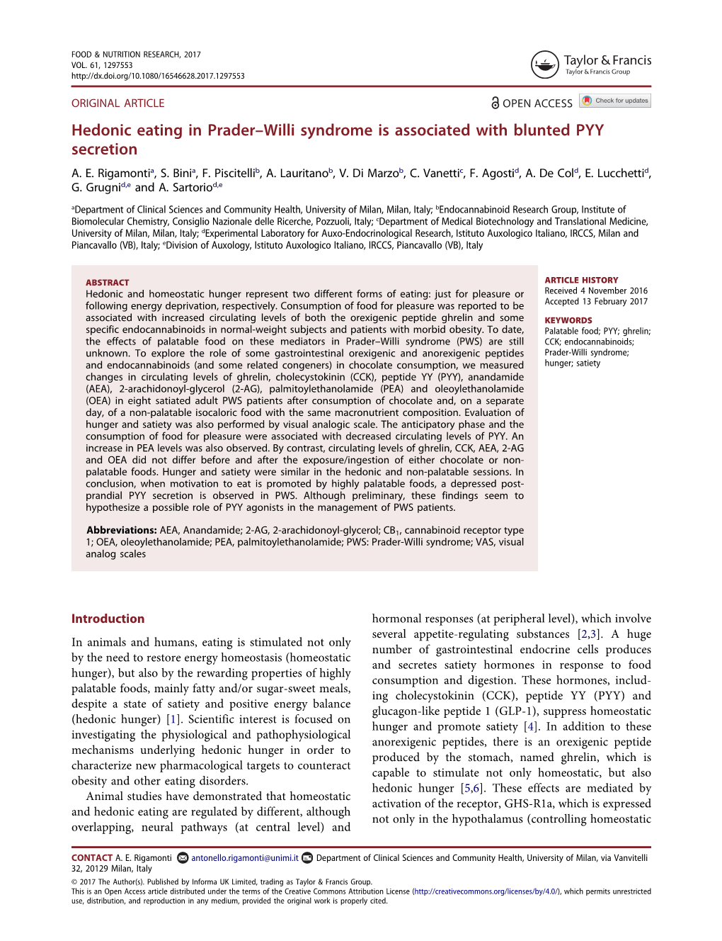 Hedonic Eating in Prader–Willi Syndrome Is Associated with Blunted PYY Secretion A