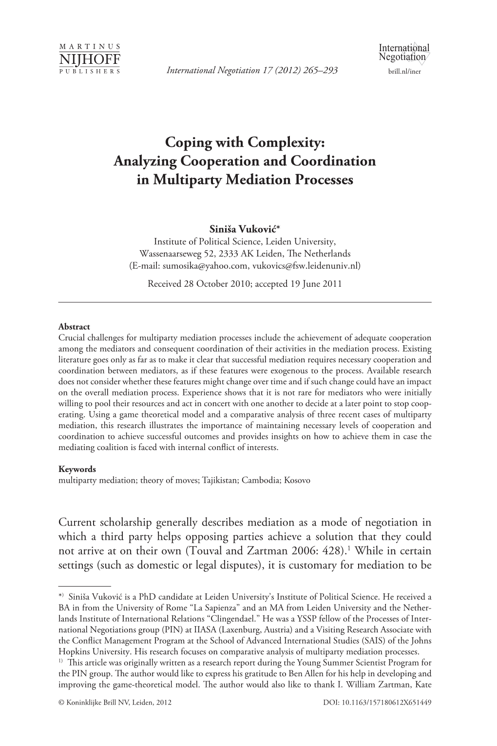 Coping with Complexity: Analyzing Cooperation and Coordination in Multiparty Mediation Processes