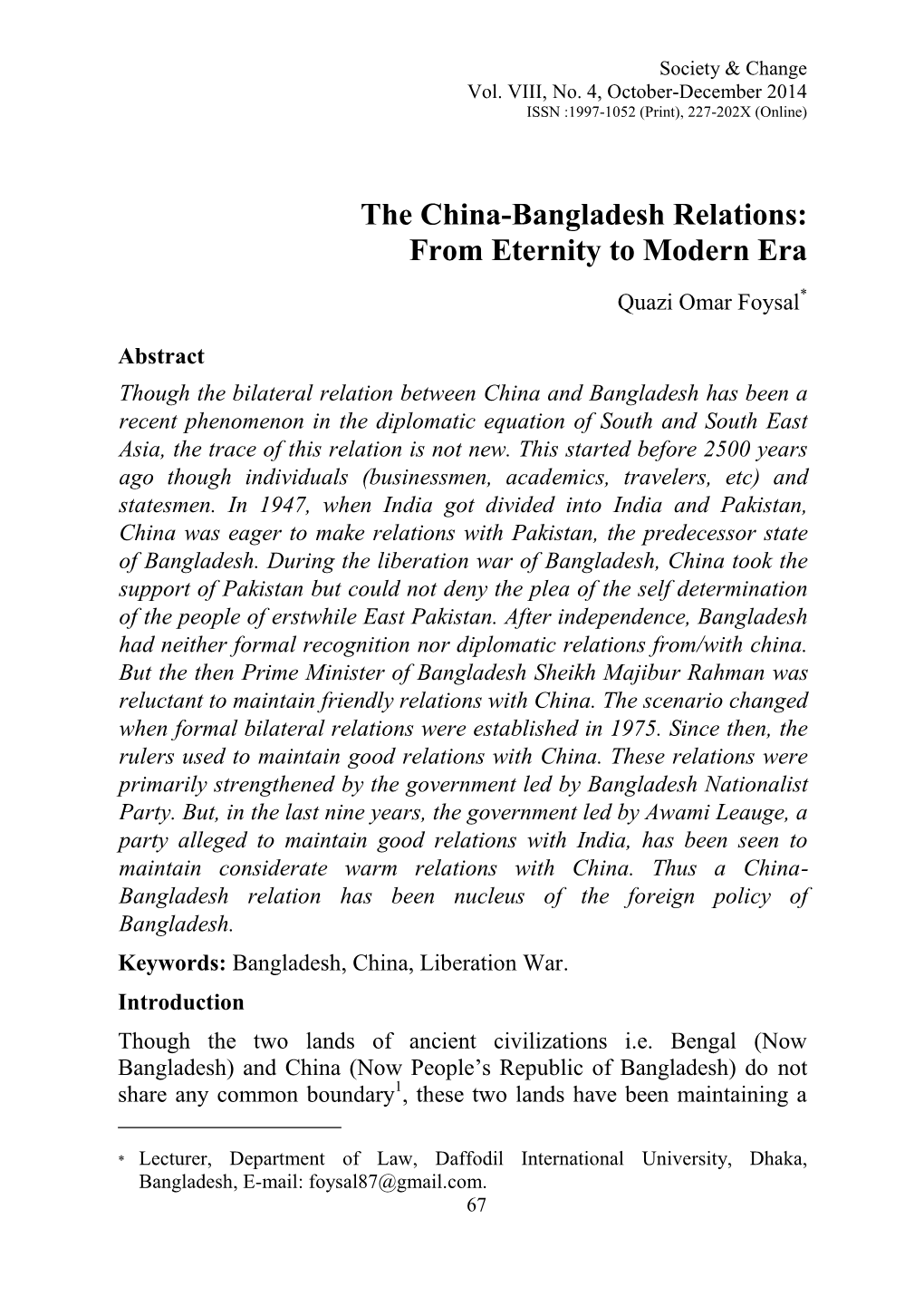 The China-Bangladesh Relations: from Eternity to Modern Era