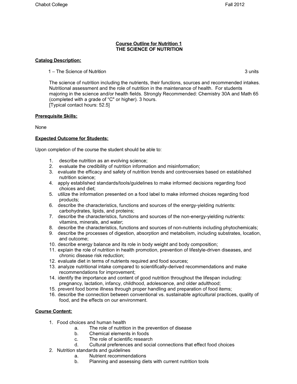 Course Outline for Nutrition 1, Page 4