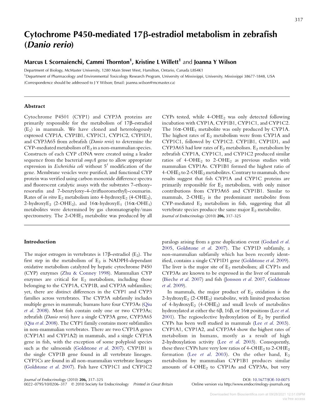 Cytochrome P450-Mediated 17B-Estradiol Metabolism in Zebrafish (Danio Rerio)