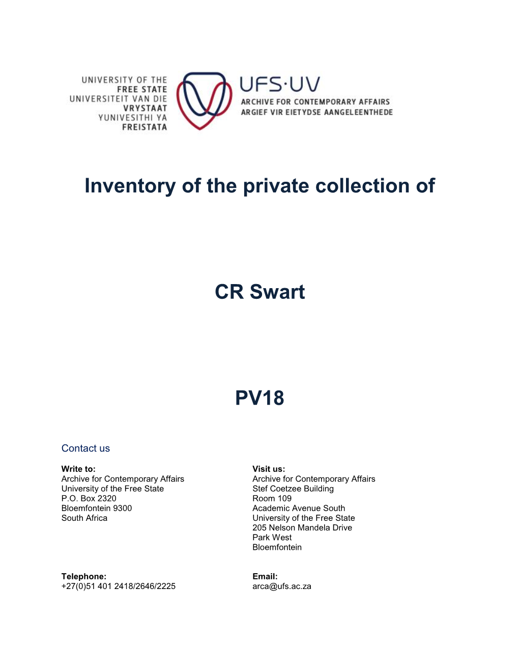 Inventory of the Private Collection of CR Swart PV18