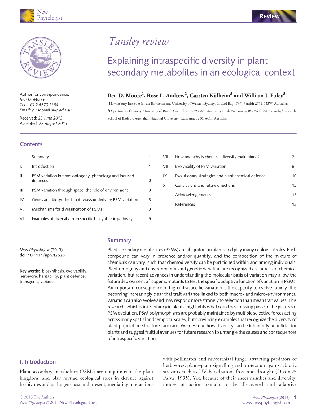 Explaining Intraspecific Diversity in Plant Secondary Metabolites in An