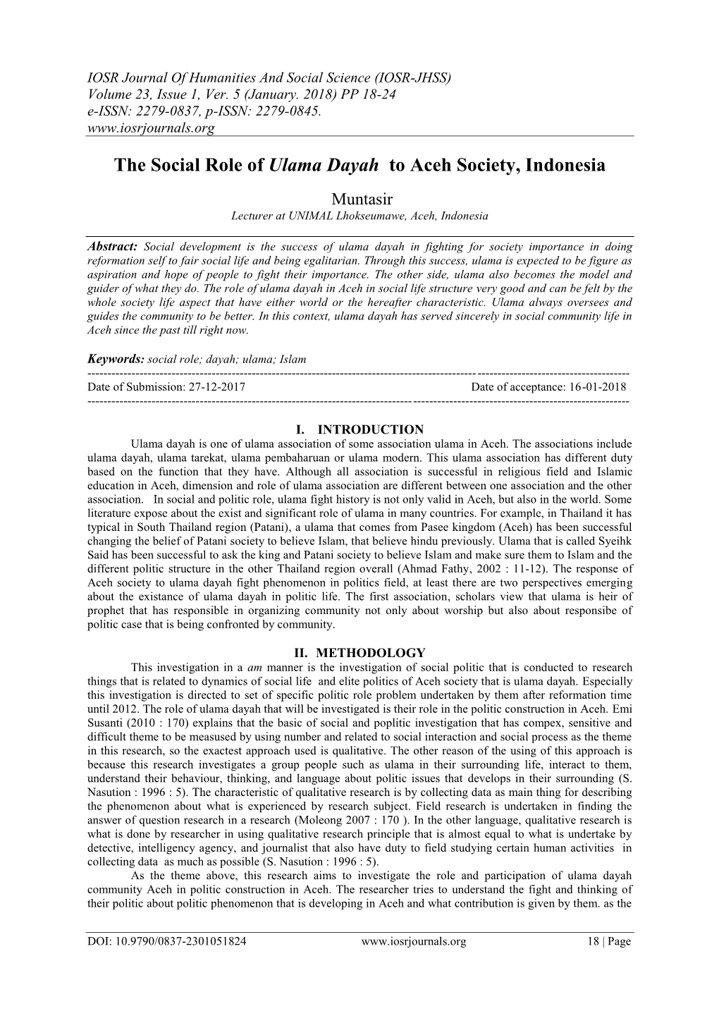 The Social Role of Ulama Dayah to Aceh Society, Indonesia