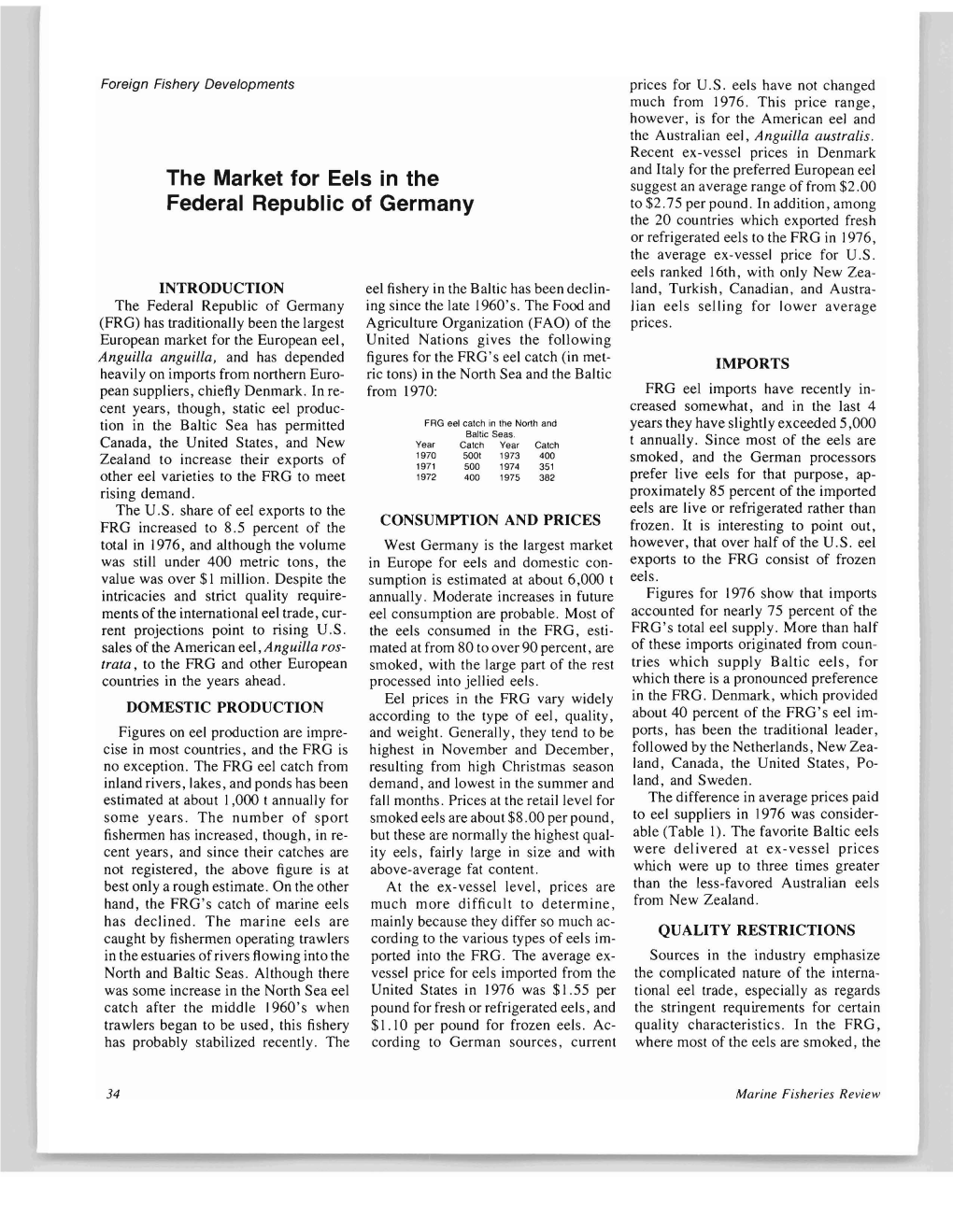 The Market for Eels in the Federal Republic of Germany