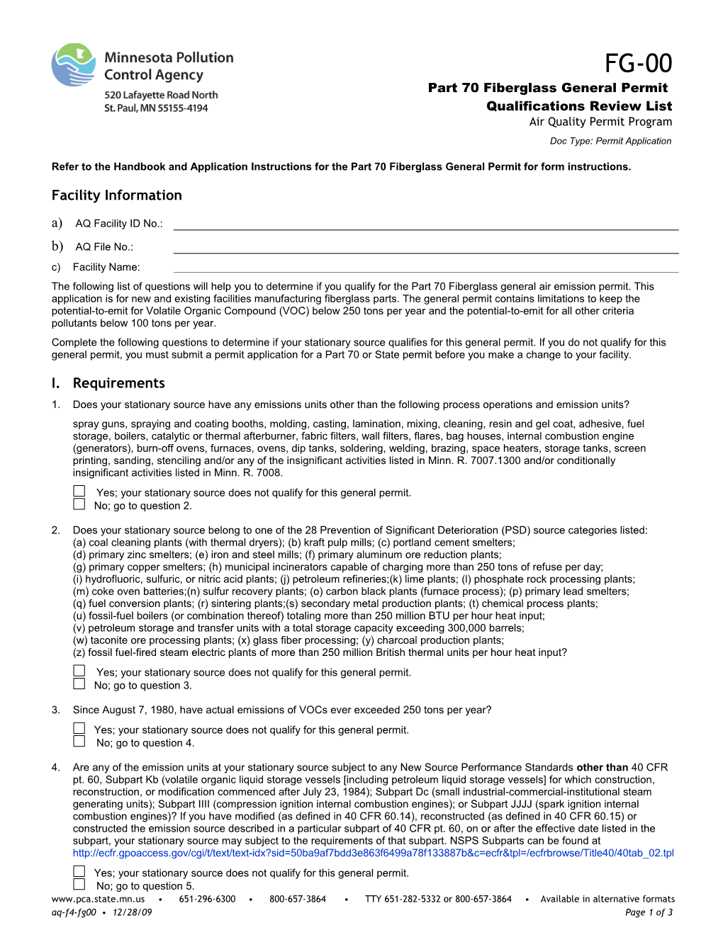 FG-00 Part 70 Fiberglass General Permit Qualifications Review List - Air Quality Permit