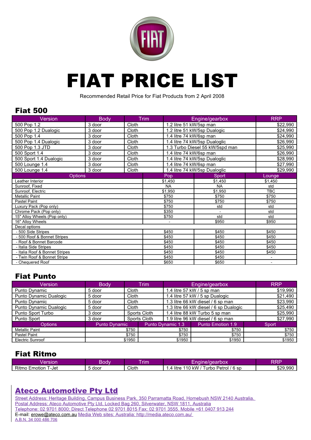 Recommended Retail Price for Fiat Products from 2 April 2008