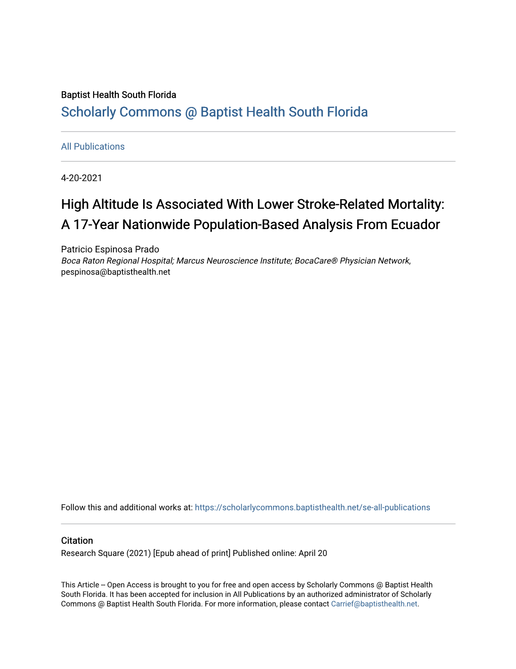 High Altitude Is Associated with Lower Stroke-Related Mortality: a 17-Year Nationwide Population-Based Analysis from Ecuador