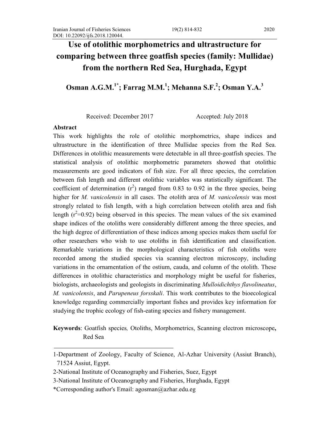 Use of Otolithic Morphometrics and Ultrastructure for Comparing Between Three Goatfish Species (Family: Mullidae) from the Northern Red Sea, Hurghada, Egypt