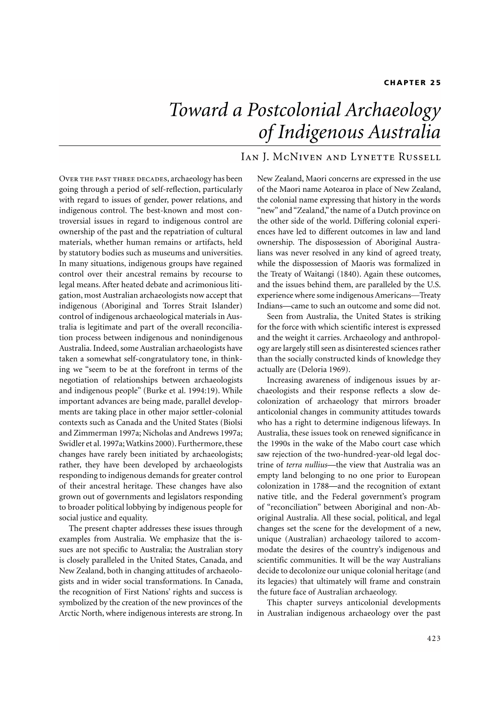 Toward a Postcolonial Archaeology of Indigenous Australia Ian J
