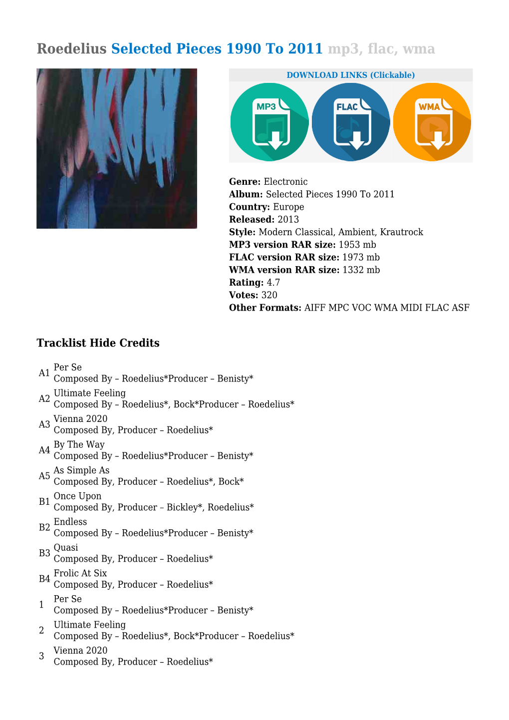 Roedelius Selected Pieces 1990 to 2011 Mp3, Flac, Wma