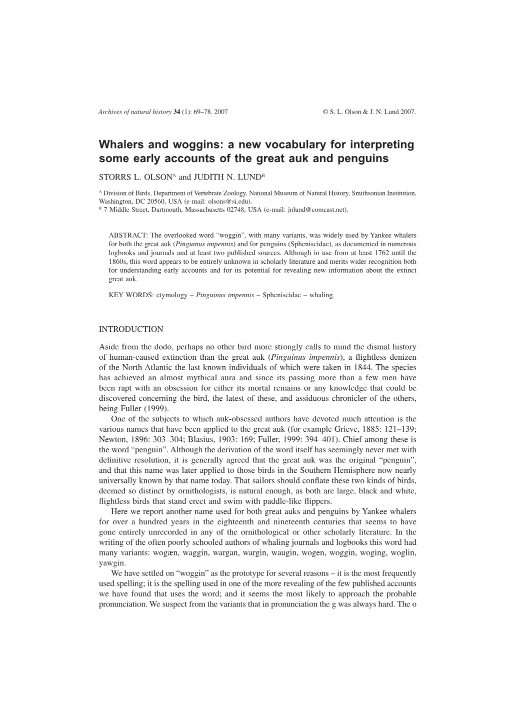 Whalers and Woggins: a New Vocabulary for Interpreting Some Early Accounts of the Great Auk and Penguins STORRS L