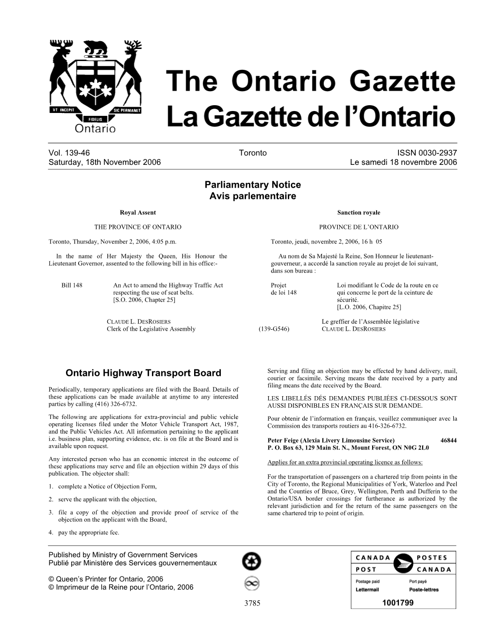 Ontario Gazette Volume 139 Issue 46, La Gazette De L'ontario Volume 139