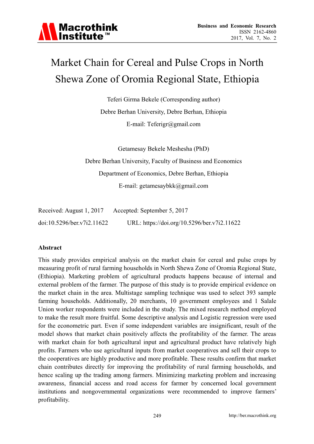 Market Chain for Cereal and Pulse Crops in North Shewa Zone of Oromia Regional State, Ethiopia