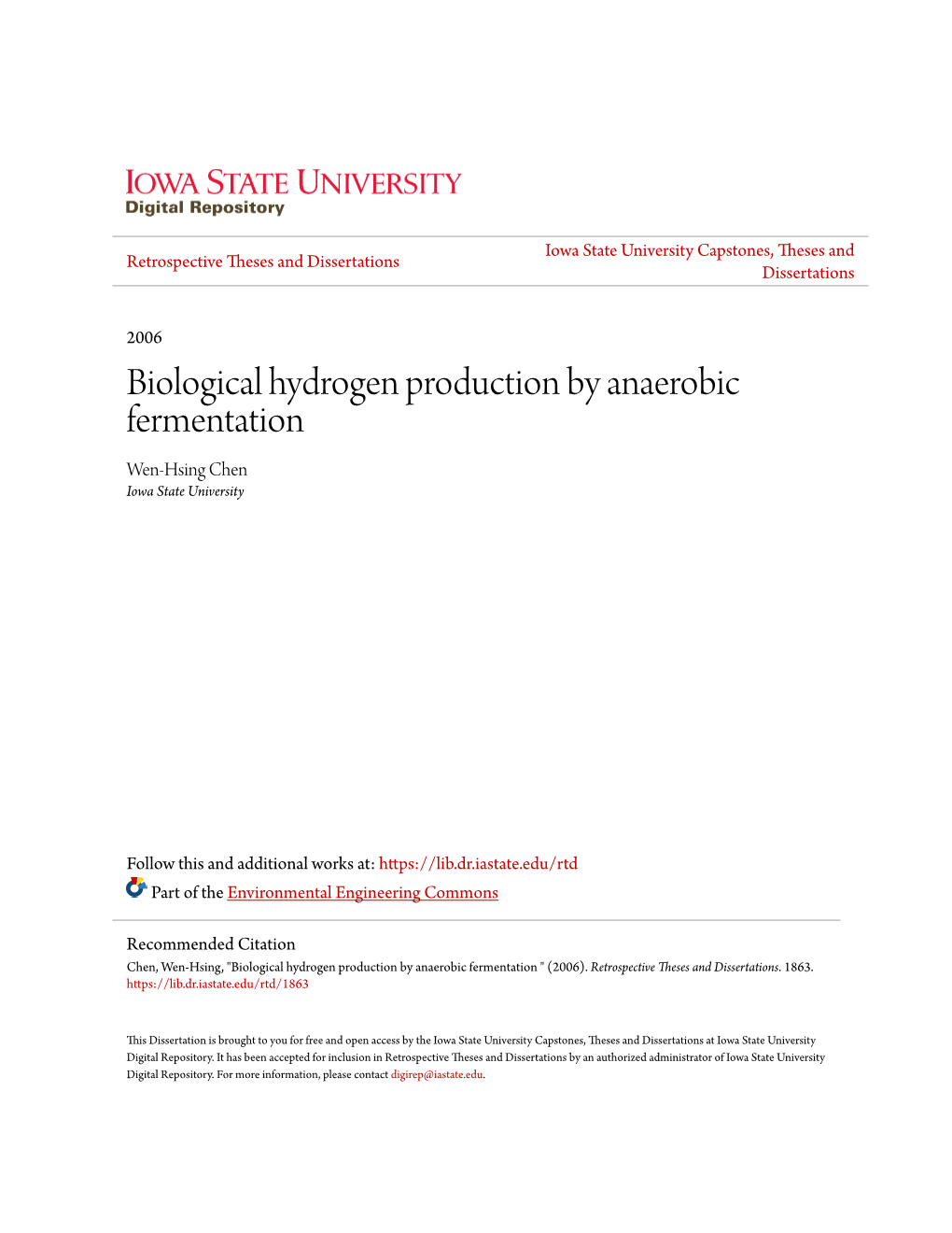 Biological Hydrogen Production by Anaerobic Fermentation Wen-Hsing Chen Iowa State University