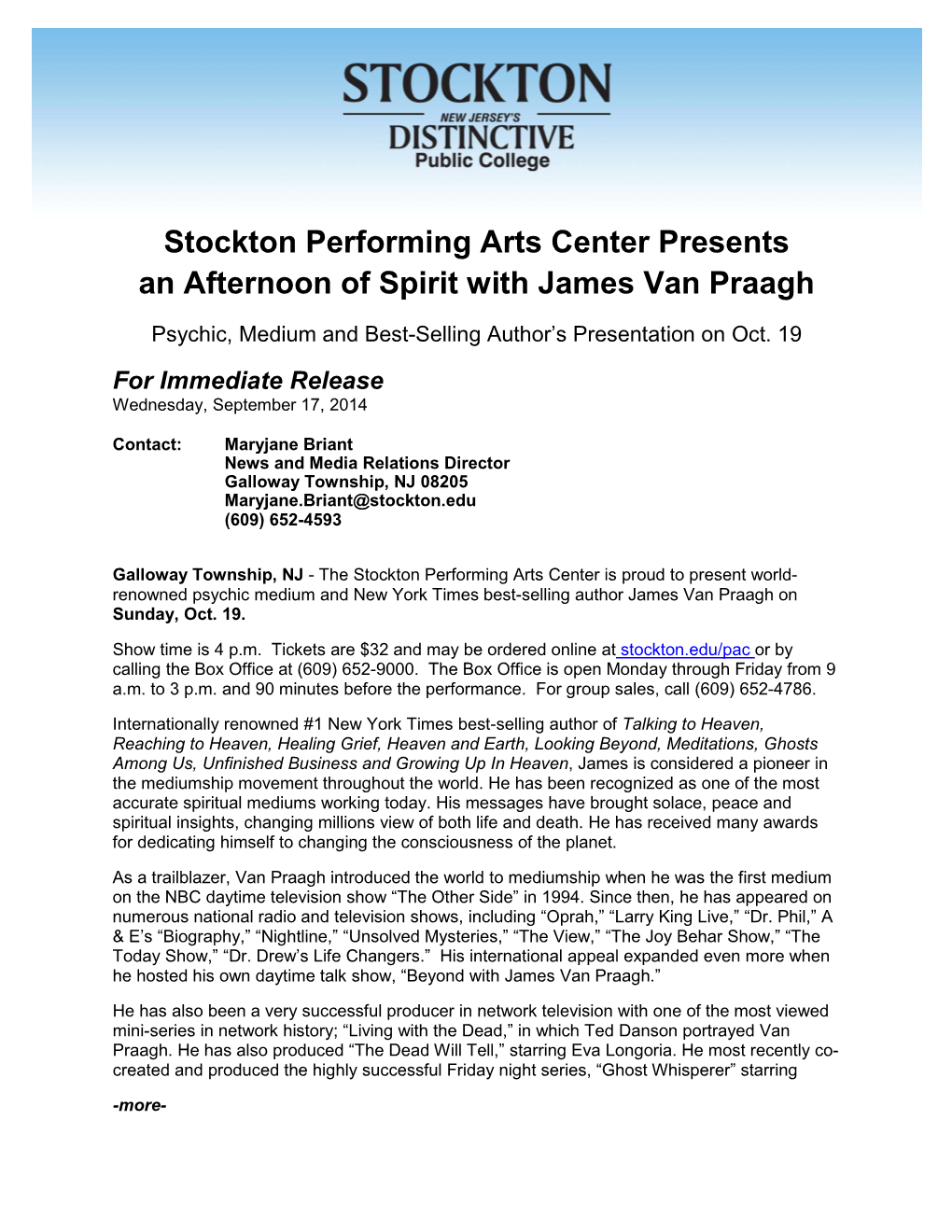 Stockton Performing Arts Center Presents an Afternoon of Spirit with James Van Praagh Psychic, Medium and Best-Selling Author’S Presentation on Oct