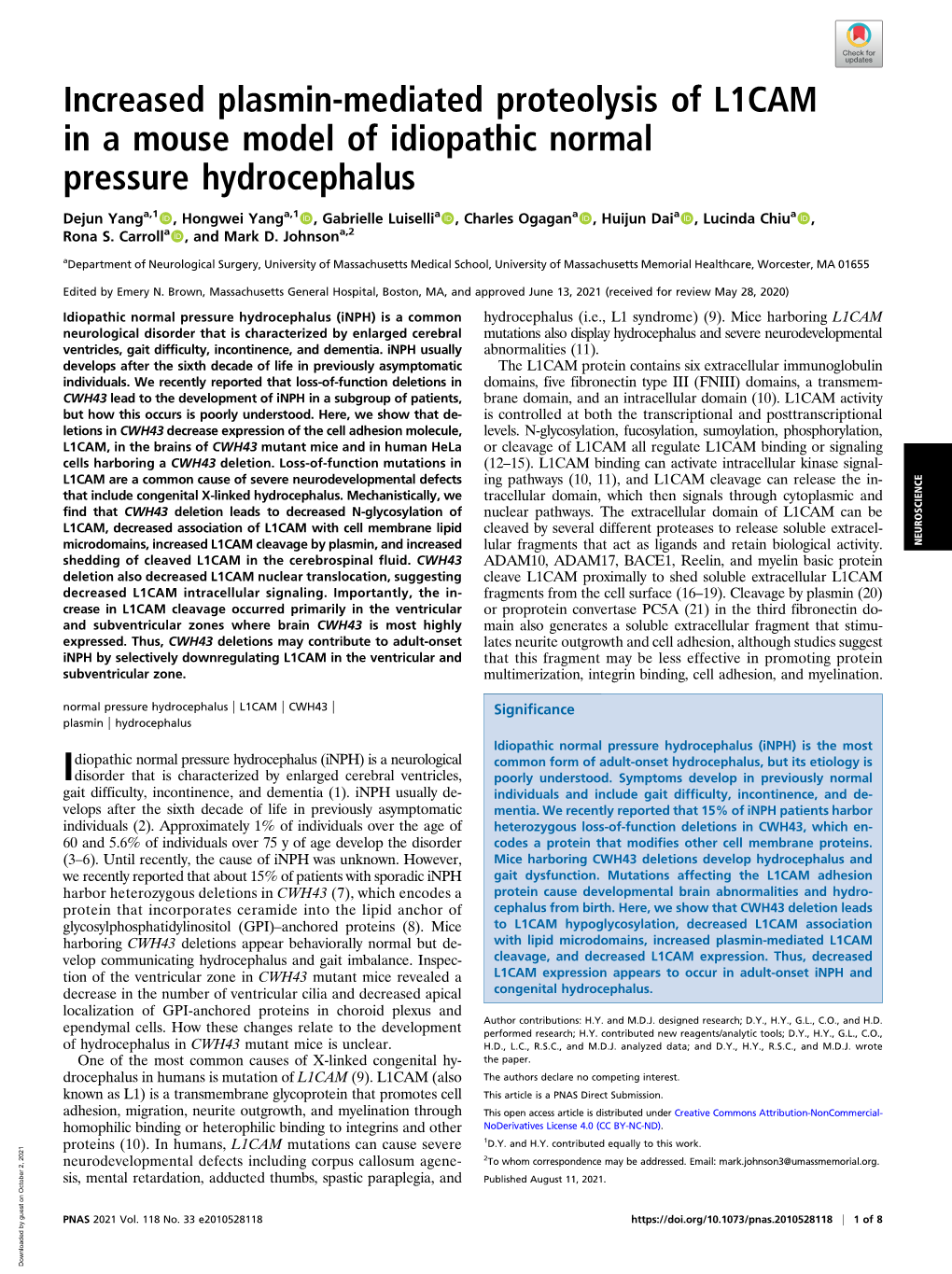 Increased Plasmin-Mediated Proteolysis of L1CAM in a Mouse Model of Idiopathic Normal Pressure Hydrocephalus