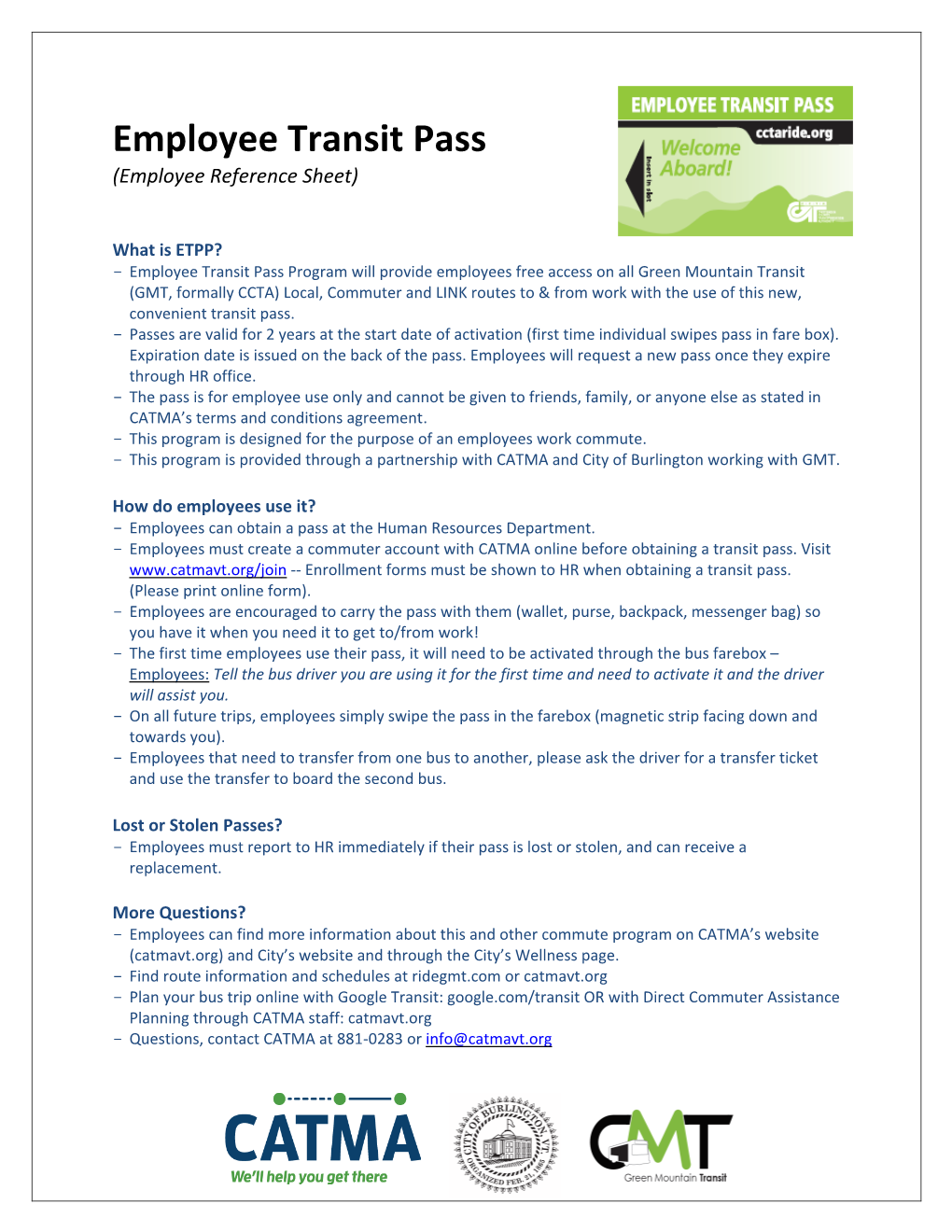 Employee Transit Pass (Employee Reference Sheet)