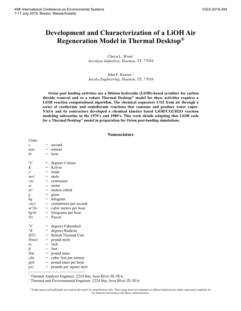 Development and Characterization of a Lioh Air Regeneration Model in Thermal Desktop®