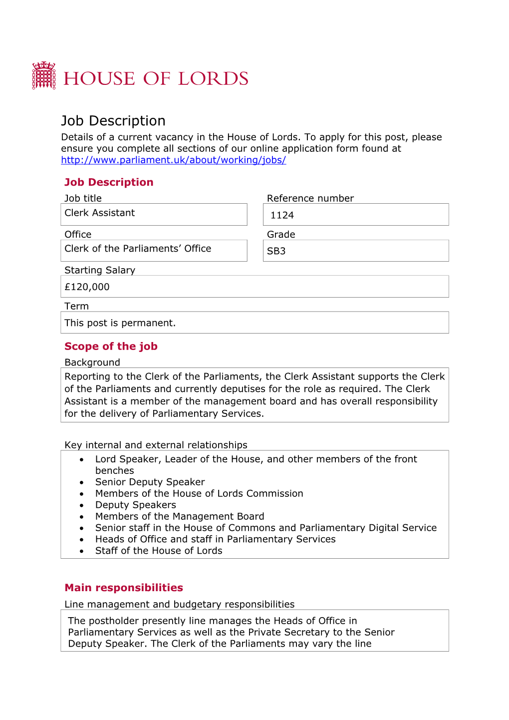Job Description Details of a Current Vacancy in the House of Lords