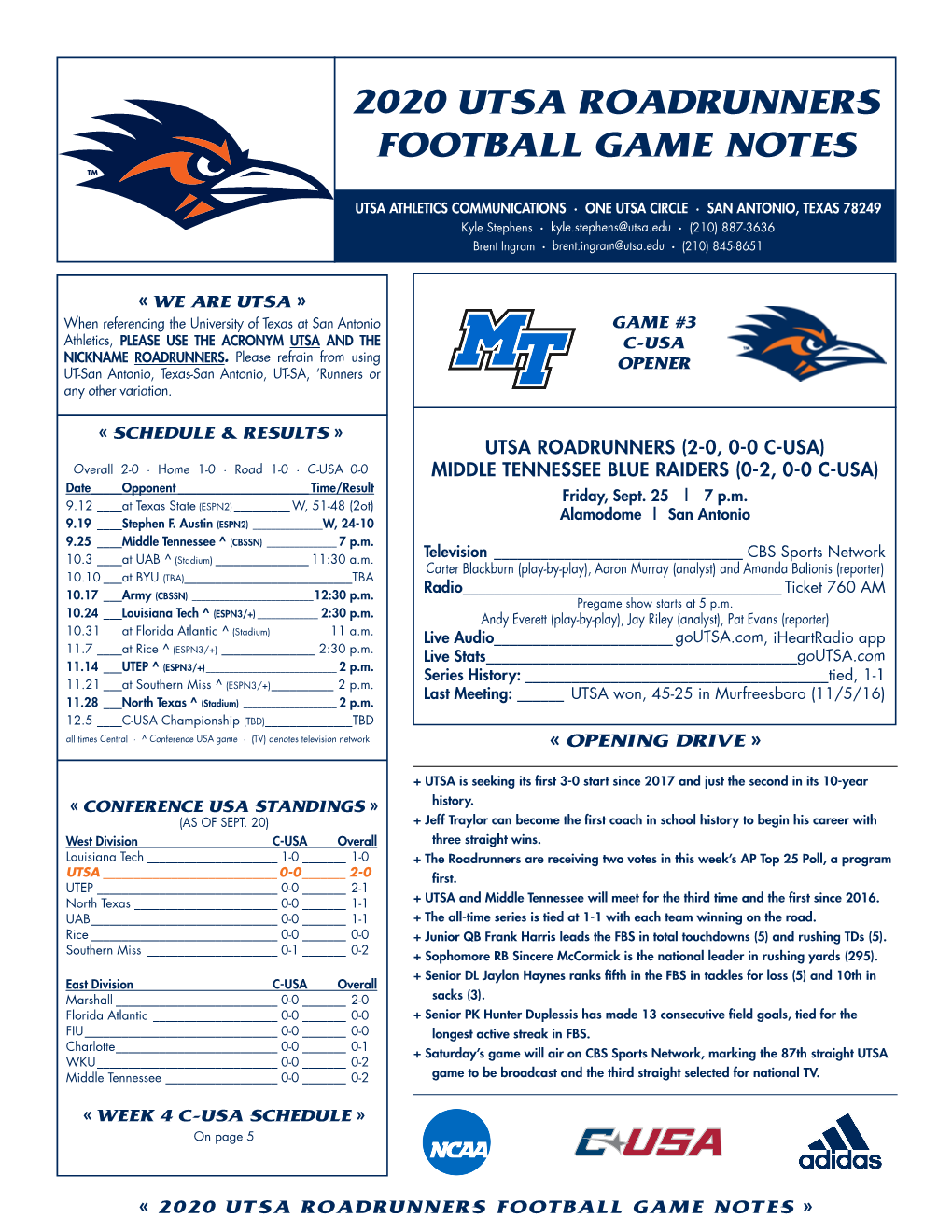 2020 Utsa Roadrunners Football Game Notes