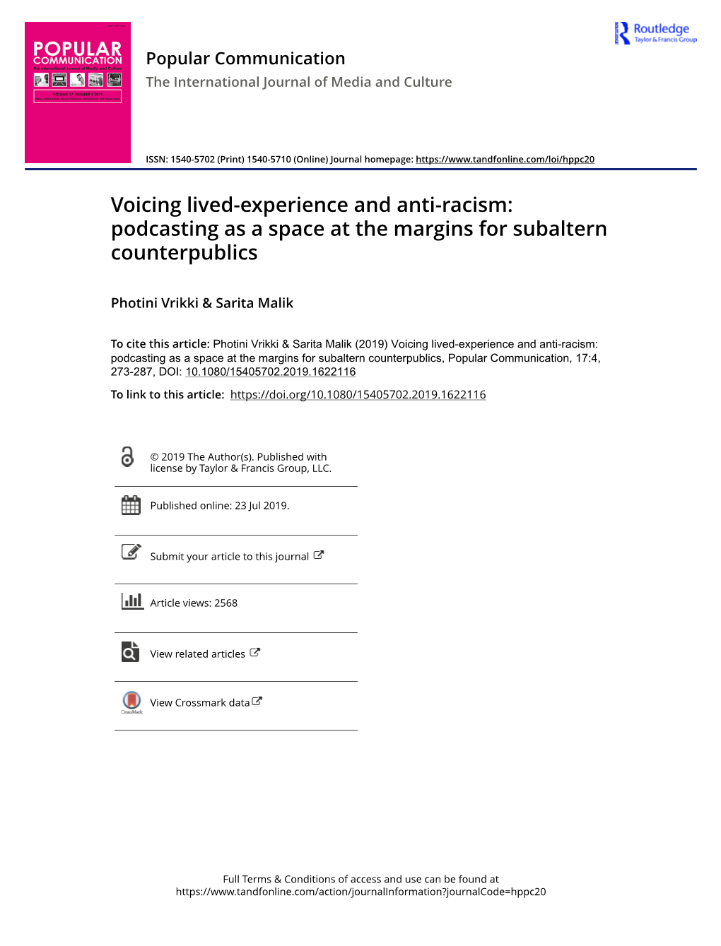 Voicing Lived-Experience and Anti-Racism: Podcasting As a Space at the Margins for Subaltern Counterpublics