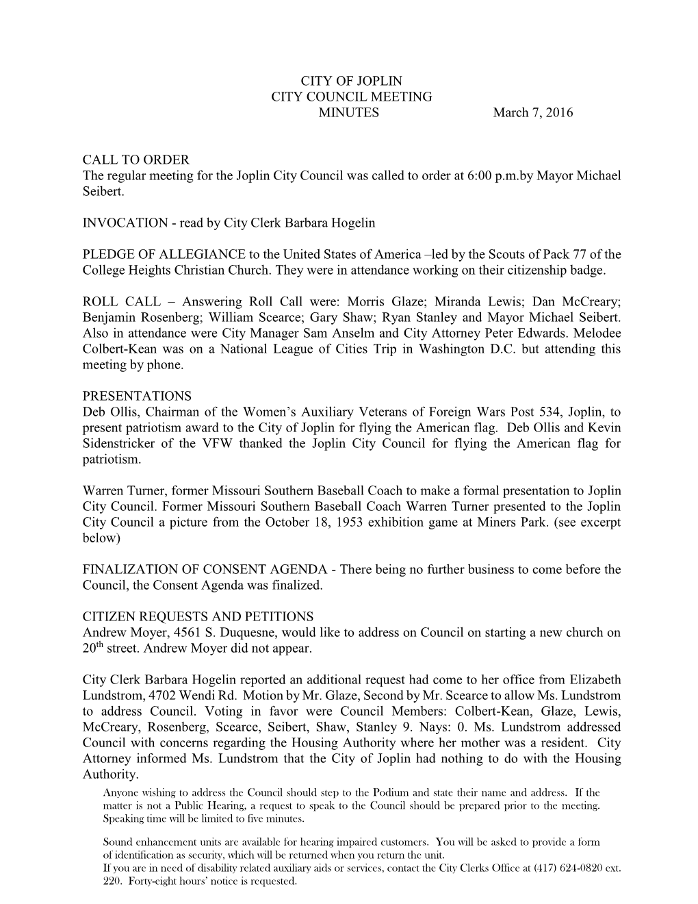 CITY of JOPLIN CITY COUNCIL MEETING MINUTES March 7, 2016