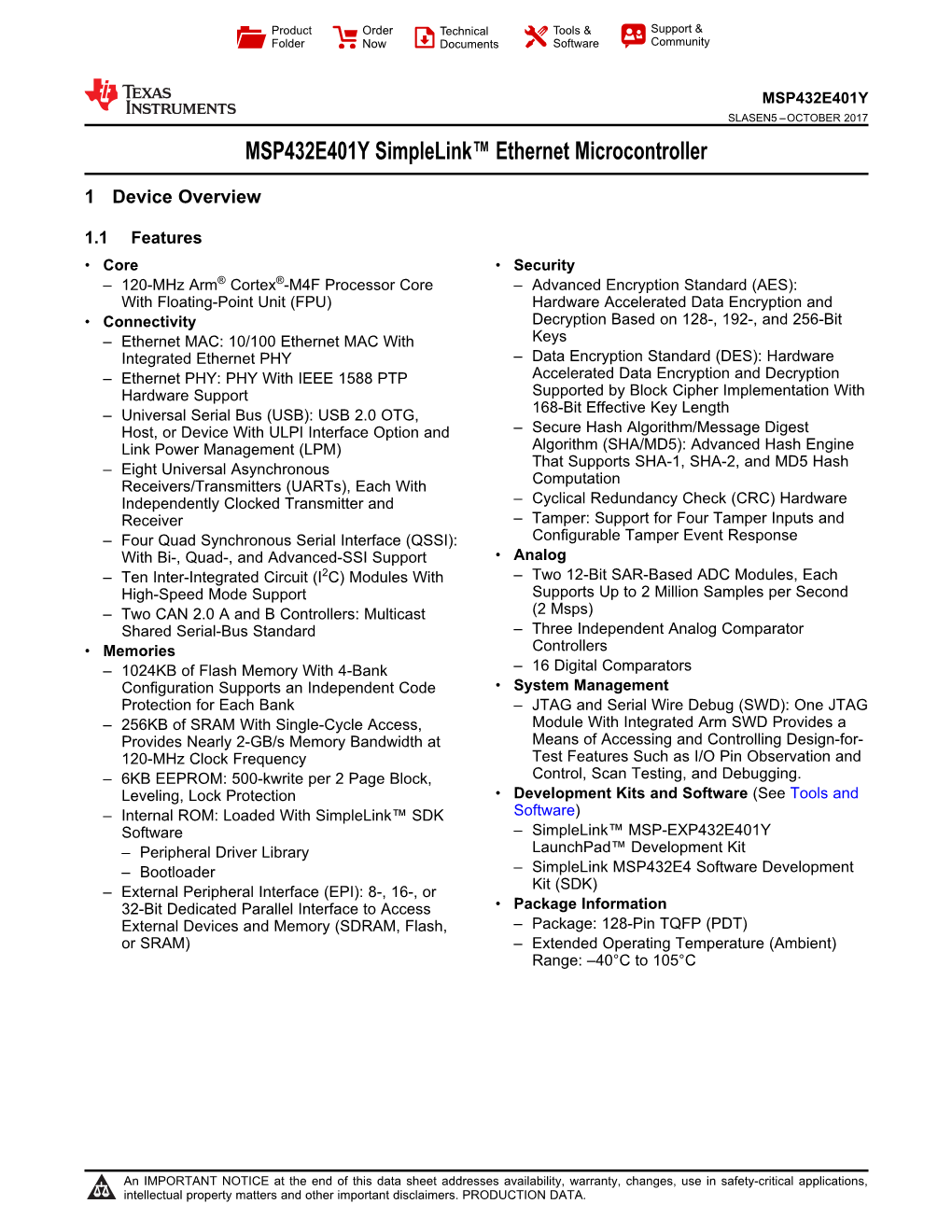 MSP432E401Y Simplelink™ Ethernet Microcontroller Datasheet