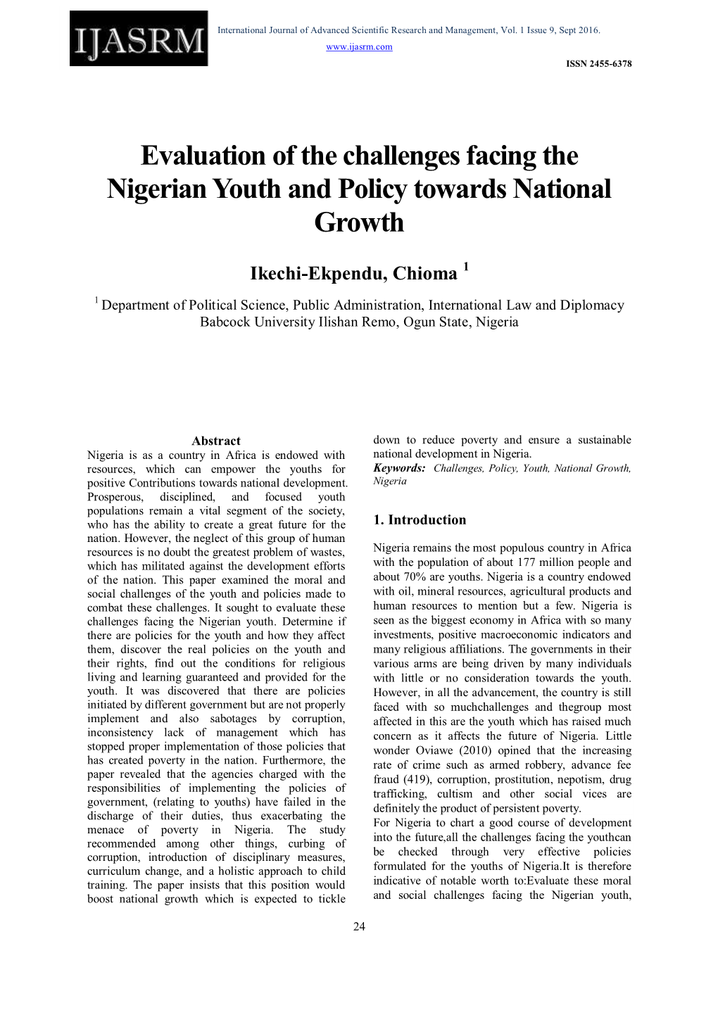 Evaluation of the Challenges Facing the Nigerian Youth and Policy Towards National Growth