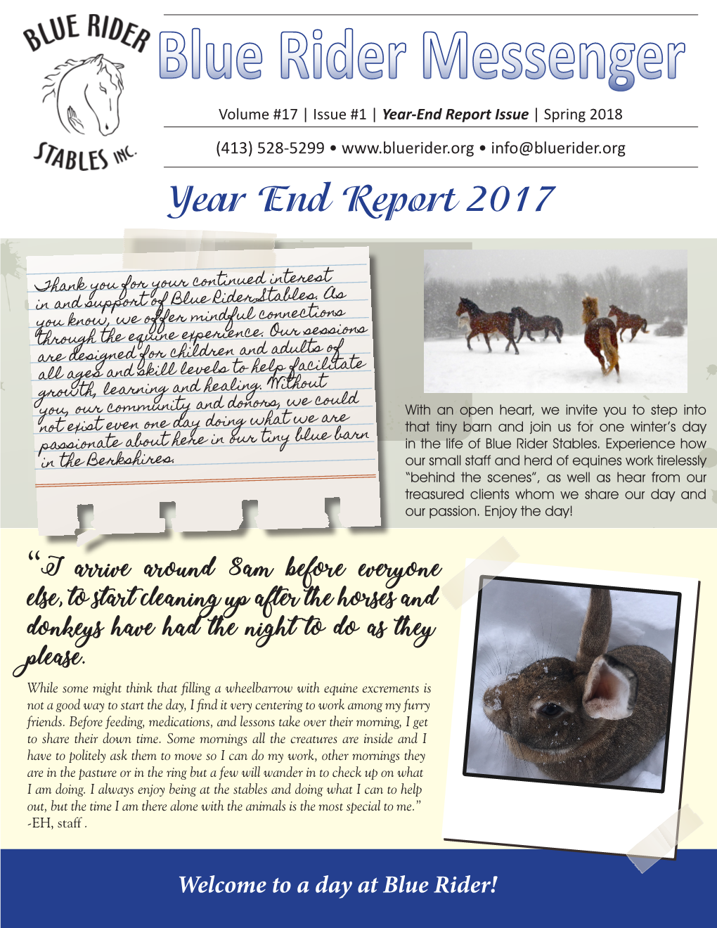 Blue Rider Messenger Volume #17 | Issue #1 | Year-End Report Issue | Spring 2018 (413) 528-5299 • • Info@Bluerider.Org Year End Report 2017