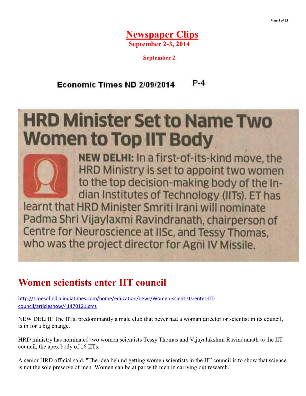 Newspaper Clips Women Scientists Enter IIT Council