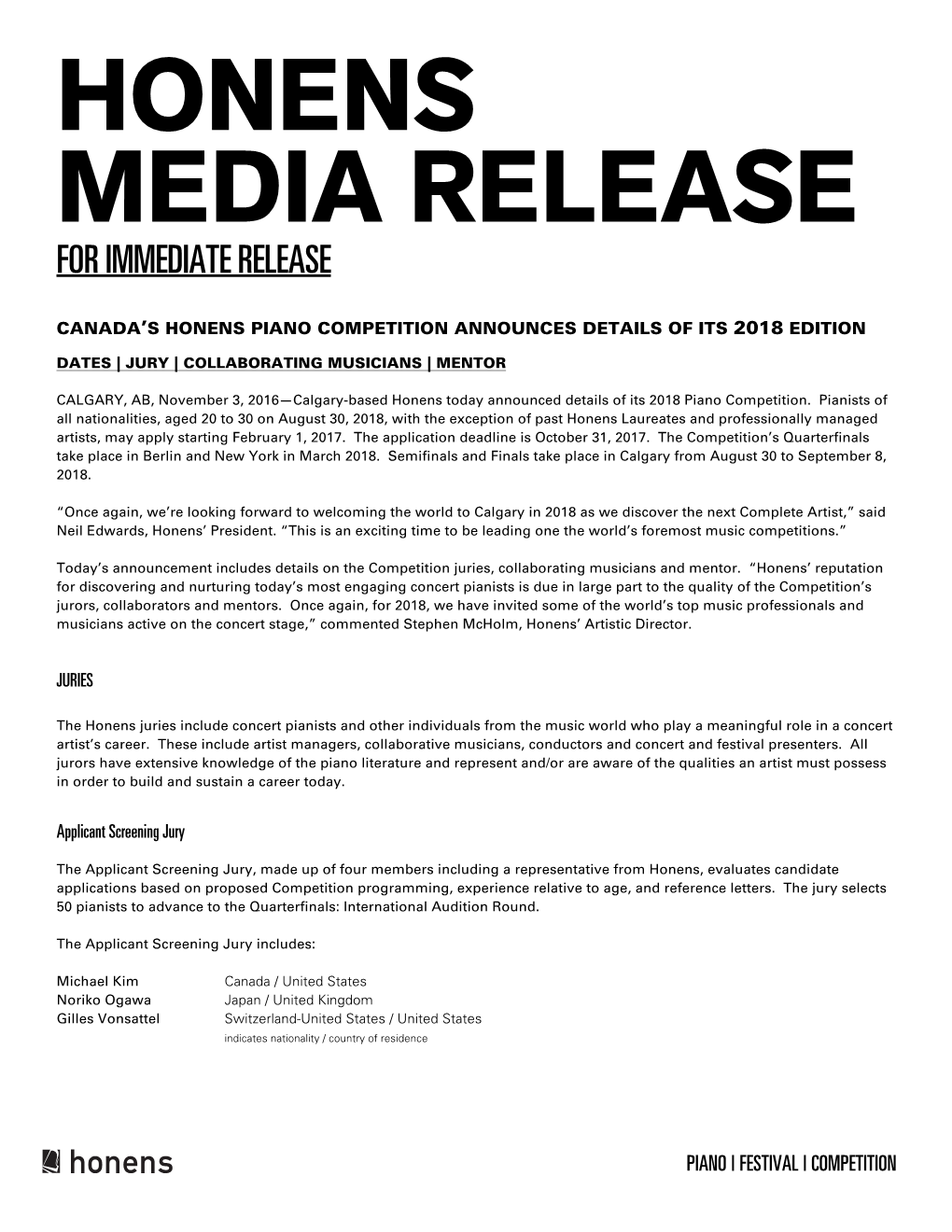 Honens Media Release for Immediate Release