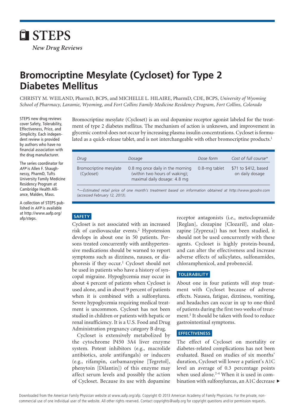 Bromocriptine Mesylate (Cycloset) for Type 2 Diabetes Mellitus CHRISTY M