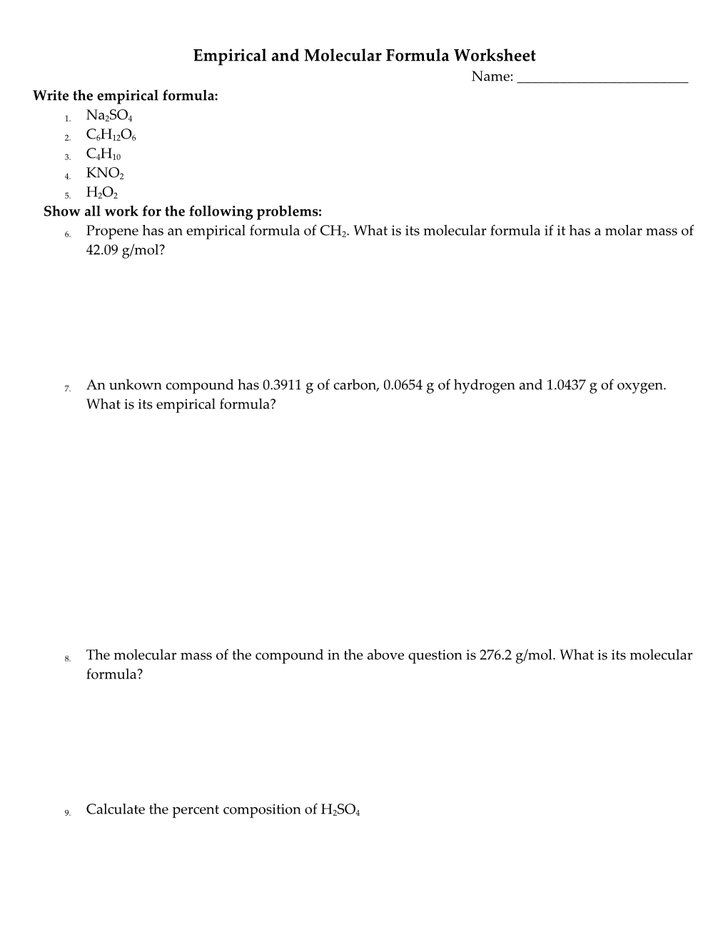 Empirical and Molecular Formula Worksheet