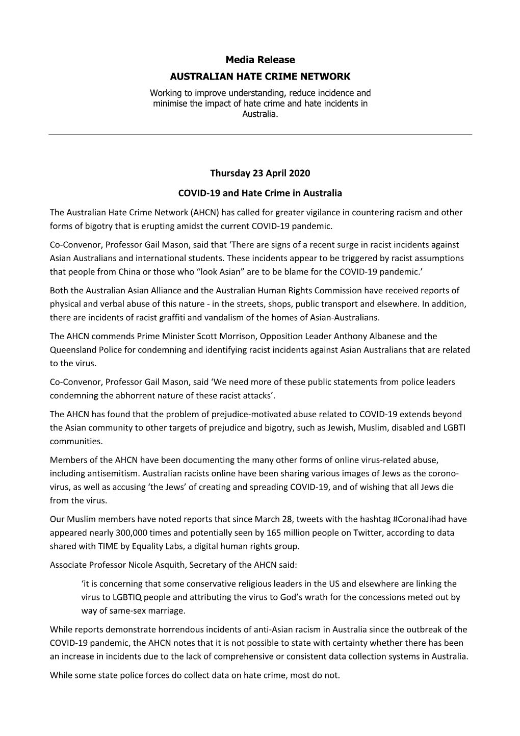 AHCN Media Release COVID-19 23 April 2020.Docx