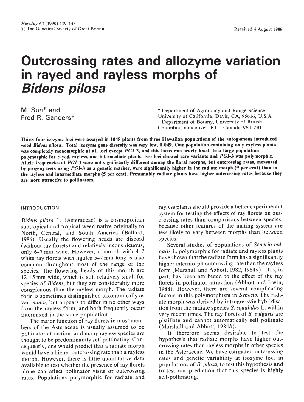 Outcrossing Rates and Allozyme Variation in Rayed and Rayless Morphs of Bidens Pilosa