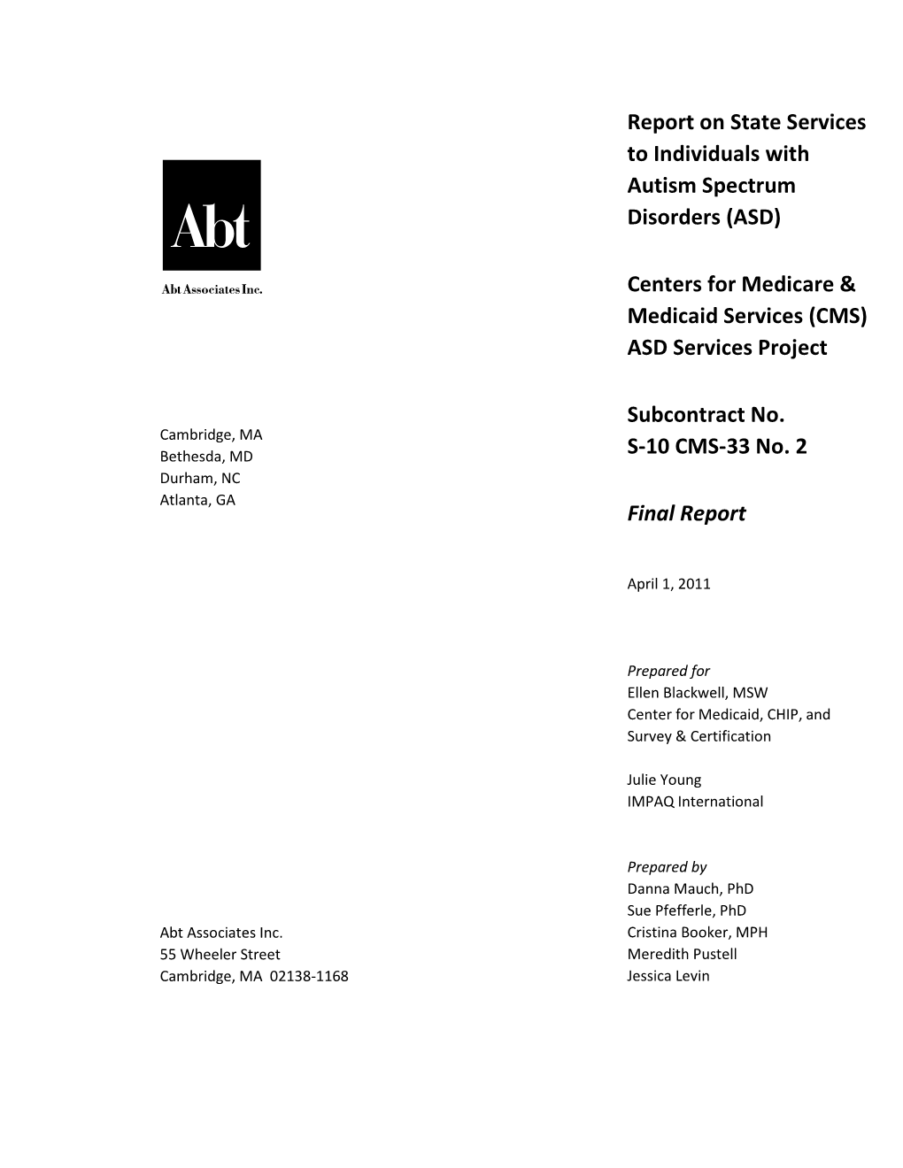Report on State Services to Individuals with Autism Spectrum Disorders (ASD)