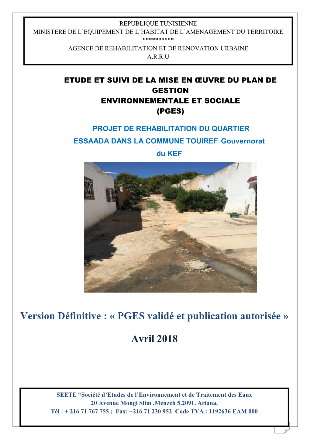 Version Définitive : « PGES Validé Et Publication Autorisée » Avril 2018