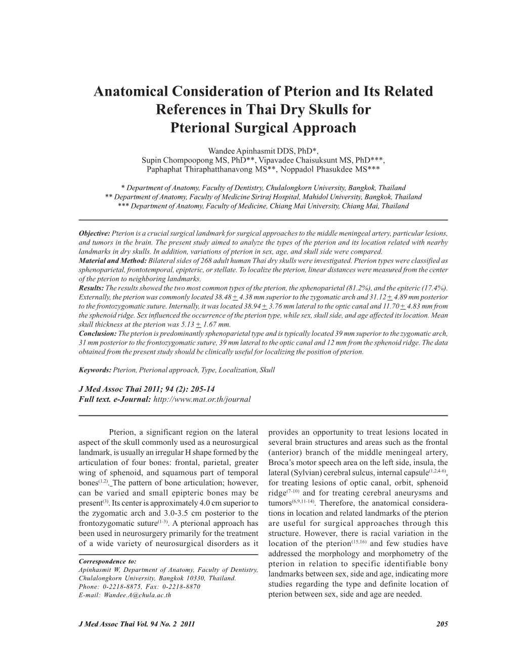 Anatomical Consideration of Pterion and Its Related References in Thai Dry Skulls for Pterional Surgical Approach