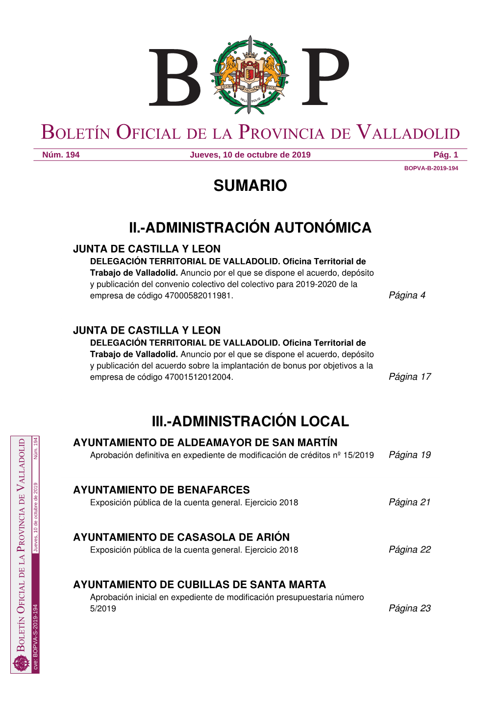 Sumario Boletín Oficial De La Provincia De Valladolid